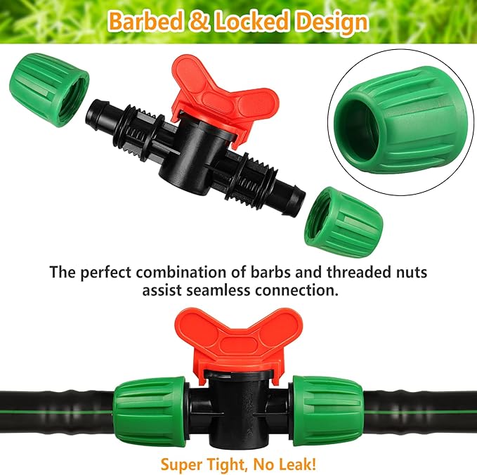 Drip Irrigation Fittings for 1/2 Inch Tubing(0.6-0.63" OD), 21 Pcs Set 1/2" Drip Line Parts Barbed Locked Nut Connectors - 5 Couplings, 5 Tees, 4 End Cap, 3 Reducing Tees, 2 Switch Valves, 2 Elbows
