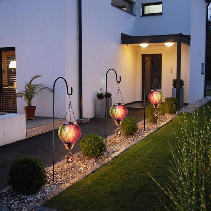 pearlstar Hot Air Balloon Solar Lantern with Flickering Flame Light Outdoor Solar Hanging Lights Waterproof for Garden Yard Farmhouse Patio Pathway Outside Decoration,Glass, Multicolor