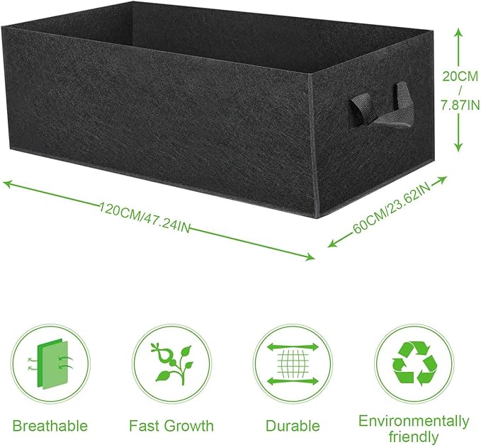ANGELIOX 1 Pack 38 Gallon Grow Bags, 400g Thickened Nonwoven Fabric Raised Garden Bed Square Flower Planter Containers for Carrot Onion,Flowers,Fruit/Growing Pots with Handles(120x60x20cm)