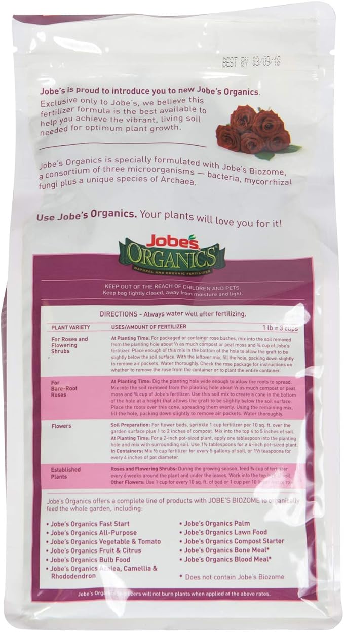 Jobe's Organics Granular Rose Fertilizer, Organic Plant Fertilizer for Rose, Hydrangea, Hibiscus, Azalea, and Other Flowering Shrubs, 4 lbs Bag