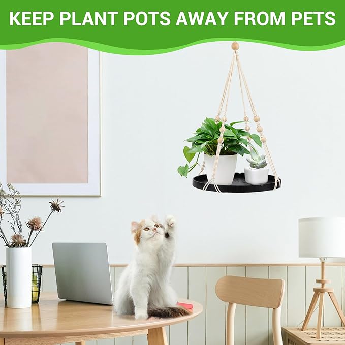 SUREAM Indoor Hanging Planter Shelf, Black Macrame Plant Hanger, Handmade Cotton Plant Hangers with Wood Tray, Planter Flower Pots Holder for Window Wall Ceiling Home Porch Patio Decor