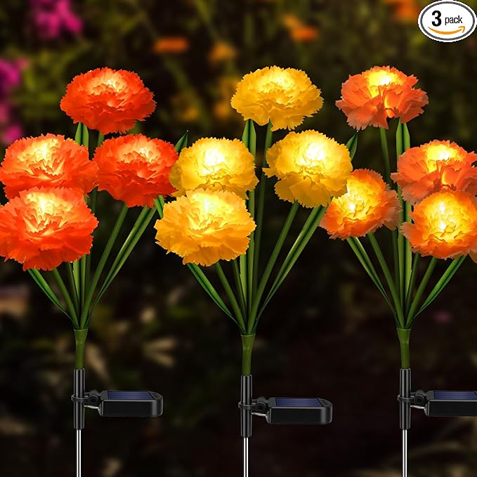 Solar Flowers Outdoor Waterproof, Solar Carnation Stake Lights Outside with 12 Real Looking Flowers for Yard Decorations Outdoor, Front Yard, Garden, Flower Bed, Lawn, Patio Decor (3 Pack)