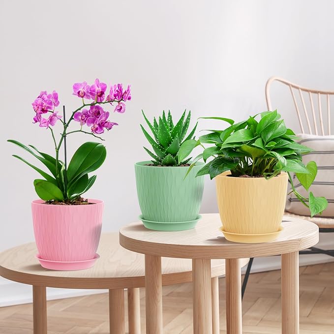7 inch Plant Pots, 5 Pack Flower Pots with Drainage Holes and Saucers for Indoor Plants, Plastic Planters with Water Ripple for Small Garden House Plants, Nursery Pots for Succulent, Colorful