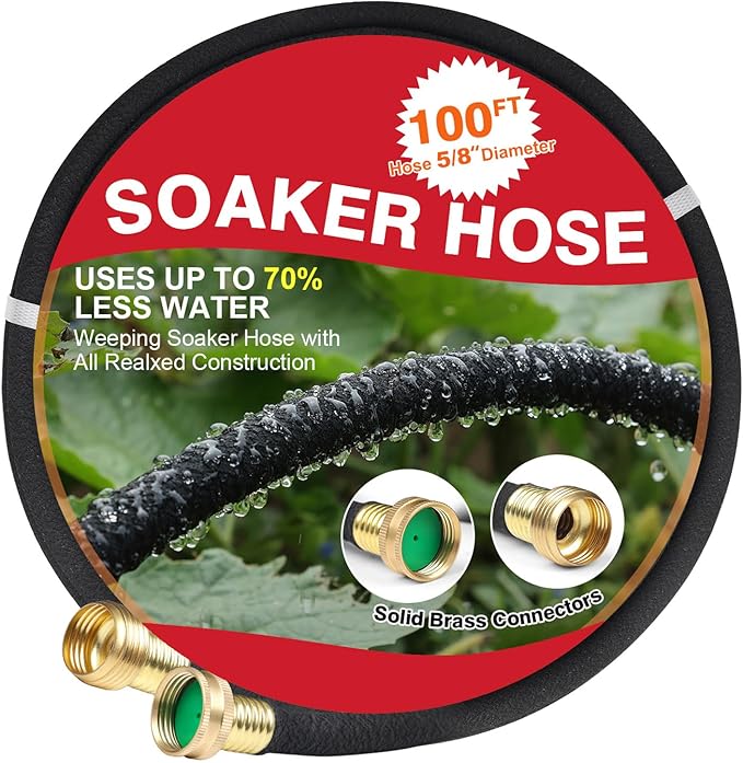 Soaker Hose 100 FT for Garden with 5/8" Diameter Irrigation Hose Save 70% of Water Solid Brass Interface Eminently Suitable for Lawn and Garden Bed Cover
