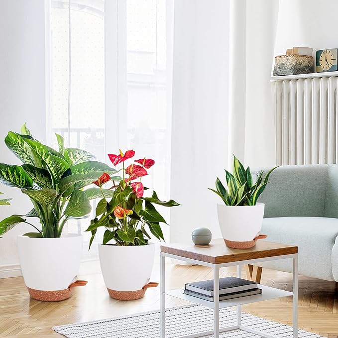 Flower Pots, 8/7/6.5/6/5.5/5 Inch Self Watering Planters for Indoor Outdoor Plants with Drainage Hole, Plastic Planters for House Plants(White)