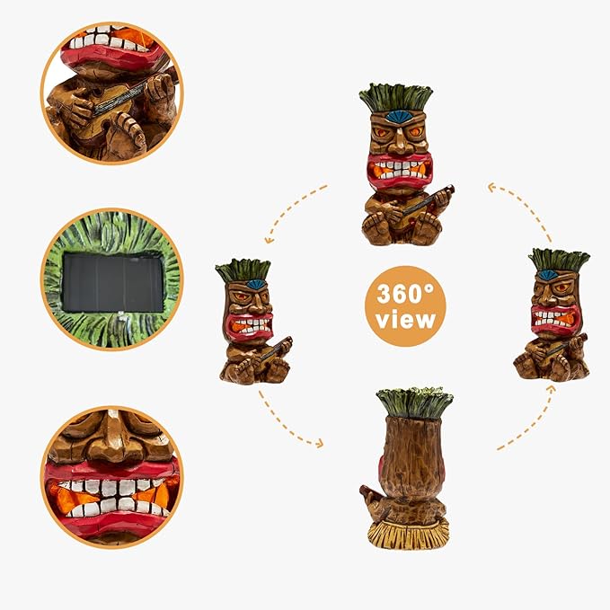 Solar Tiki Statue Outdoor Decor-Garden Guitar Tiki Statues-Tiki Bar Decorations for Outdoor Patio Yard Lawn Balcony Bar Party,Waterproof Garden Sculpture 10.35 Inch Tall