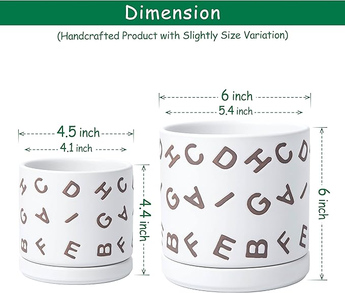 D'vine Dev Set of 2 Ceramic Planter Pots with Drainage Hole and Saucer, 4.5 Inch 6 Inch Plant Pots for Plants Indoor Houseplants, White, 99-G-1