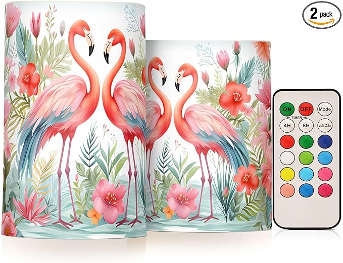 Flickering Flameless Candles, Pink Flamingo Print LED Candles with Remote Timer, Set of 2 Battery Operated Candle for Valentine Wedding Birthday