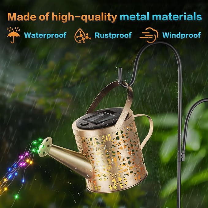Solar Watering Can with Colorful Lighting, Waterproof Garden Decor, Birthday Gifts for Mom Grandma (Flower, 32 inch Shepherd Hook)