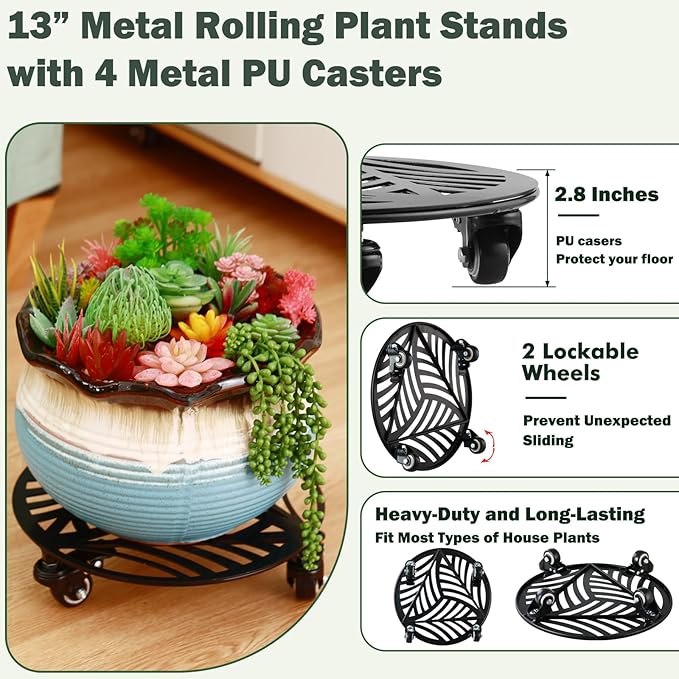 2 Packs Metal Plant Caddy with Wheels 13” Heavy-duty Wrought Iron Rolling Plant Stands with Casters Indoor and Outdoor Plant Pot Roller Base Plant Saucer Movers Black, Strong Load Capacity