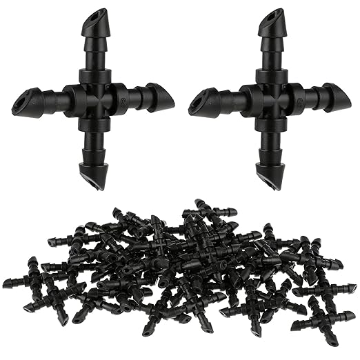 1/4 Inch Drip Irrigation Cross Fittings, 40 Pieces 1/4 Barbed Connector Drip Line Connectors 4-Way Drip Irrigation Parts Couplings for Garden Lawn Sprinkler 1/4 Inch Drip Irrigation Tubing Systems