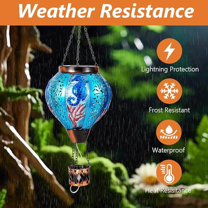 Seahorse Solar Hot Air Balloon Lantern with Flame Flickering Metal Hot Air Balloon Solar Lanterns Outdoor Waterproof Hanging Outdoor Lights for Yard,Patio,Garden Decor Birthday Gift for Women
