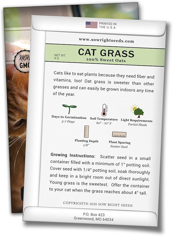 Sow Right Seeds - Cat Grass Seeds for Planting - 100% Sweet Oats - Non-GMO Heirloom Healthy Greens for Cats and Dogs - Easy to Grow - Safe & Natural Indoor Use - Ideal for Pet Lovers