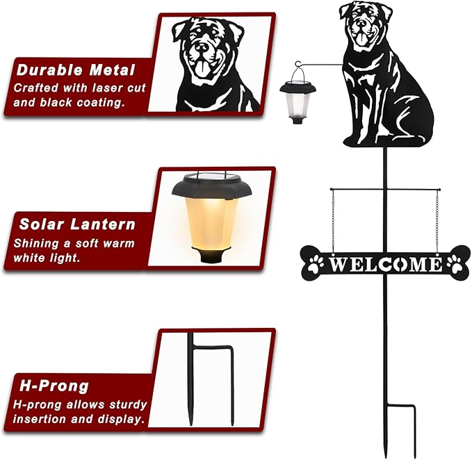 BAYN Solar Rottweiler Silhouette Dog Breed Welcome Sign with a Lantern Outdoor Decorative Garden Stakes for Yard, Lawn, Patio, Pathway