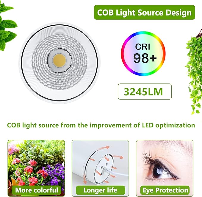 HMVPL Hanging Grow Light, Plant Lights for Indoor Growing, Grow Lights for Indoor Plants Full Spectrum with 4000K 40W COB Bulb, Pulleys and Smart Timer, Indoor Grow Lamp for Tall Tree Hydroponics