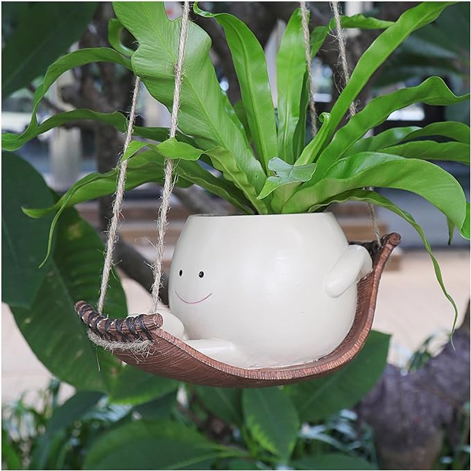 Hanging Hammock Planter Pot Swing Smile Face Planter for String of Pearls Plant Live Resin Head Flower Pots for Indoor Outdoor Plant Gift Ideas for Mother Day, Christmas
