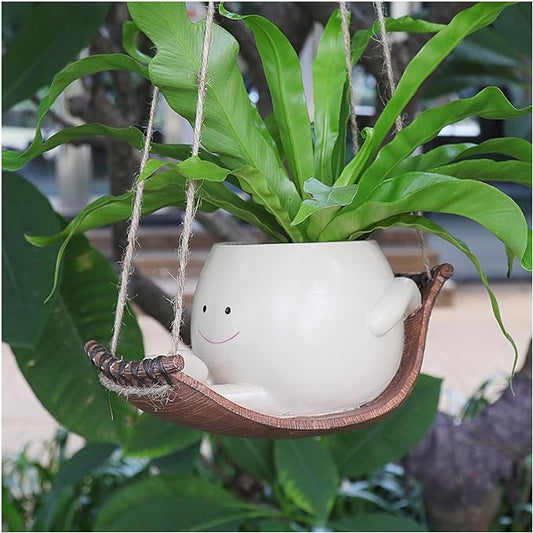 Hanging Hammock Planter Pot Swing Smile Face Planter for String of Pearls Plant Live Resin Head Flower Pots for Indoor Outdoor Plant Gift Ideas for Mother Day, Christmas