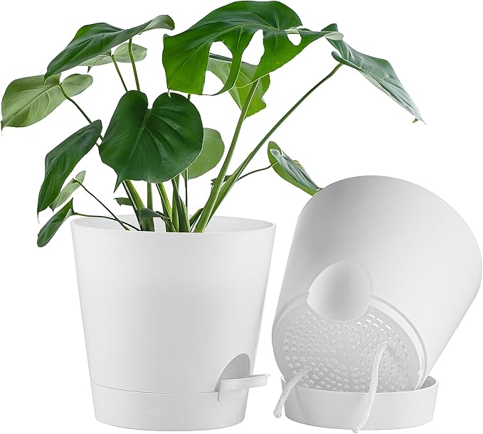 FaithLand 2-Pack 9 Inch Planter Pots for Indoor Outdoor Plants, Self Watering Flower Pots with Deep Reservoir, White …