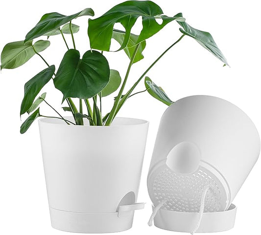 FaithLand 2-Pack 9 Inch Planter Pots for Indoor Outdoor Plants, Self Watering Flower Pots with Deep Reservoir, White …