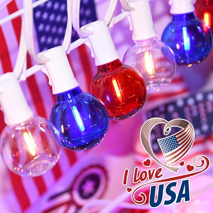 G40 LED Red White and Blue Lights, 27.8 FT 4th of July Lights Plug in with 25+3 Bulbs, Patriotic Decorations Outdoor String Light for Memorial Day Independence Day Patio Garden Backyard Bistro Decor