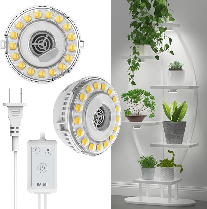 SANSI Puck Grow Light, LED Plant Light for Indoor Plants Full Spectrum Grow Lamp 10W (150 Watt Equiv), Small Hanging Plant Lamp with Timer Auto On Off 4 8 12 Hrs, 4-Level Dimmable for Plant Shelf