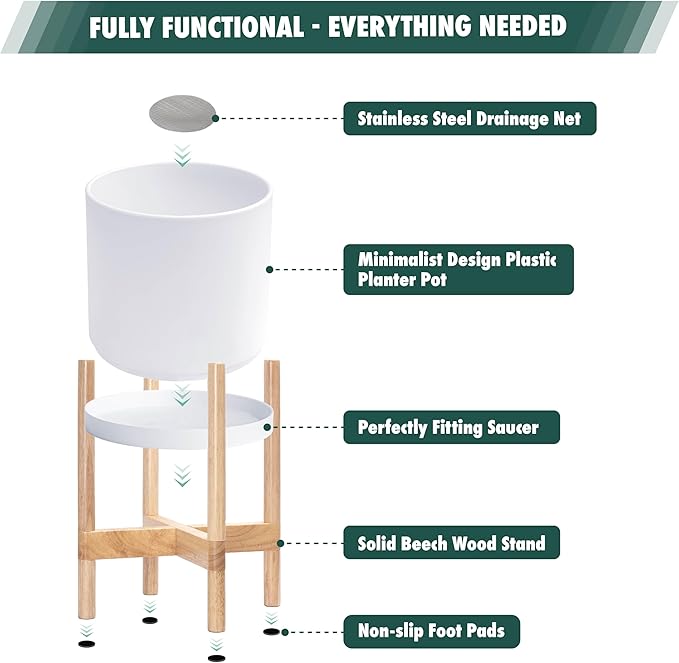 D'vine Dev Planter Pot with Stand - 12 Inch Plastic Cylinder Flower Pot with Wood Planter Holder for Indoor, Matte White Pot + Natural Stand, 55-C-P-1