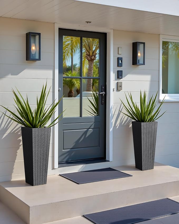 Greesum Large Tall Planter for Outdoors Plants, Set of 2, 24" Tall Plastic Flower Pots, Tapered Porch Planter with Drainage Holes for Patio, Backyard, Black