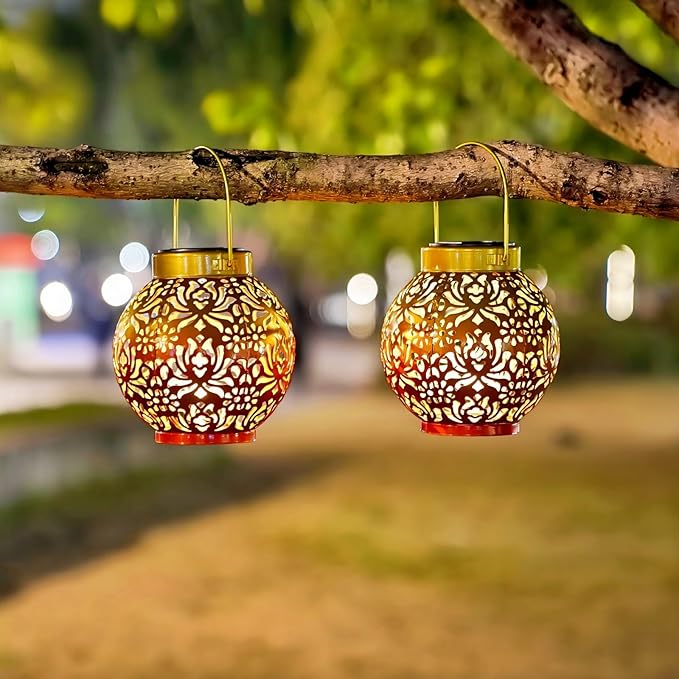 2 Pack Outdoor Solar Hanging Lantern Lights Metal LED Decorative Lamp for Garden Patio Courtyard Lawn and Table with Hollowed-Out Design (Sunset Blaze)