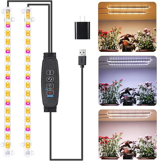 Two Strip Growing Lamp for Indoor Plants, Red & 3000K & 6000K Full Spectrum LED Grow Light Strips with Auto ON/Off 3/9/12H Timer,10 Dimmable Levels for Green House Succulent (13 in)