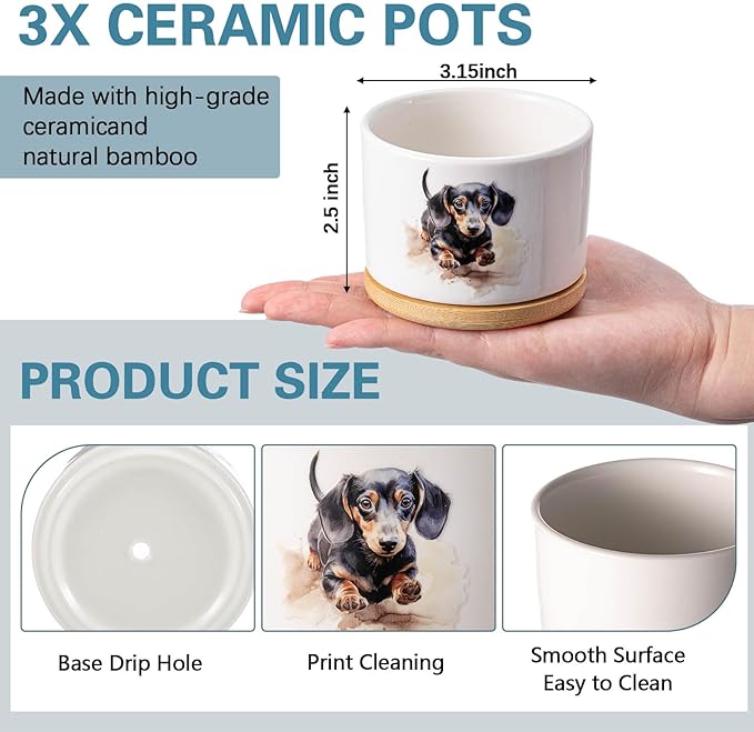 3 Pcs Dachshund Decor Gift for Christmas Women Planter Ceramic Gift Animal Plant Pot with Bamboo Tray for Office Home Farm House Bathroom Kitchen Decorations (No Plants Included)
