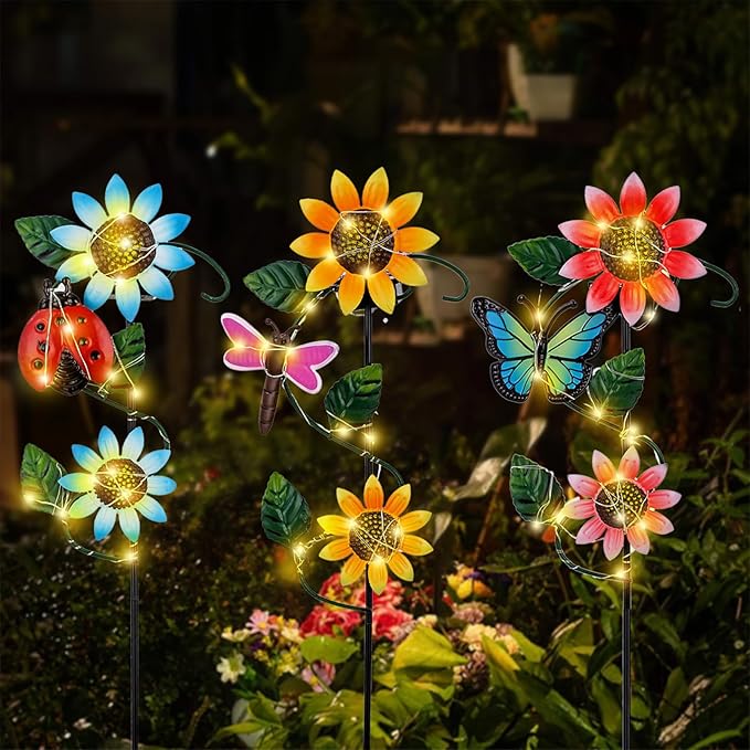 3 Pack Solar Garden Light, Sunflower & Insect Metal Solar Stake Lights, Outdoor Statues Figurine Lights for Spring Garden Lawn Patio Yard Decor