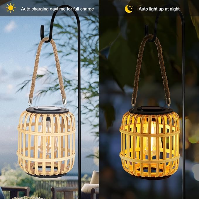 Outdoor Solar Rattan Lantern Hanging Lights with Handle, Waterproof Rattan Solar Lantern, Natural Bamboo LED Decorative Garden Lights for Yard, Patio, Wedding, Home Decoration