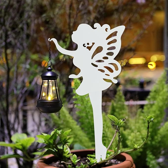 Solar-Garden-Lamp 2 Pack Metal Fairy Hanging Lanterns, Solar Outdoor Decorative Stake Ornaments for Lawn, Patio or Courtyard, White