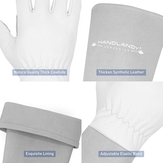 HANDLANDY Long Gardening Gloves for Men & Women, Thorn Proof Rose Pruning Gloves Leather Gauntlets Garden Gloves Yard Work Gloves (Medium, Grey)