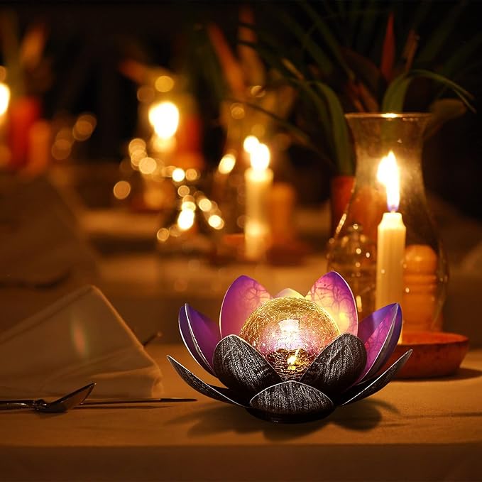 WNP Solar Powered Outdoor Decorative Lights Waterproof Lotus Flower with Crackle Glass Globe and Metal Base for Garden Patio Pathway Yard Tabletop Decor,Birthday Gift for Mom Sister Grandma