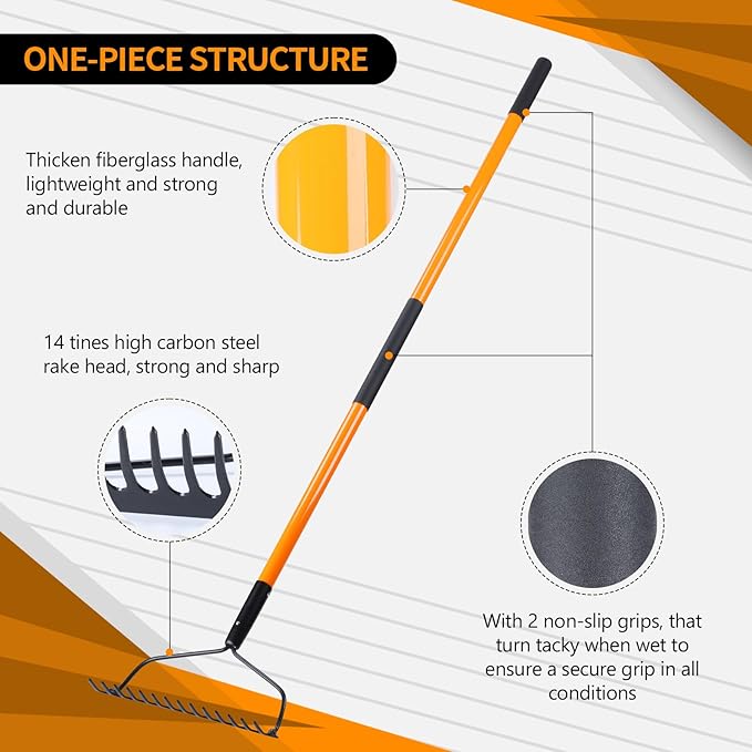 Garden Rake for Gardening, Heavy Duty Garden Rake for Lawns, 14 Tines Bow Rake with Fiberglass Handle, 58 Inches
