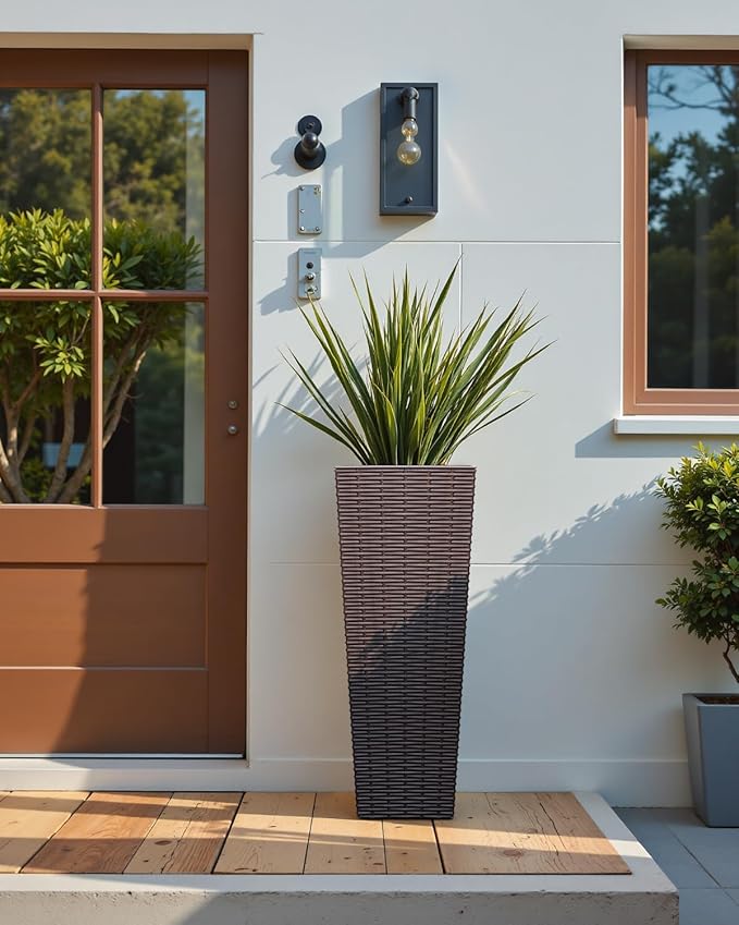 Greesum 24 Inch Tall Plastic Planters with Rattan Texture – Set of 2, Detachable Inner Pot & Drainage Holes, Indoor/Outdoor Decorative Flower Pots for Large Plants, Trees, Patio, and Garden, Brown
