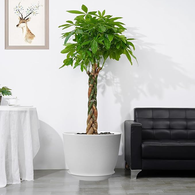 12inch Large Plant Pot, Modern Plastic Planter with High Driange Holes and Saucer for Indoor Outdoor Garden Plants and Flowers, White