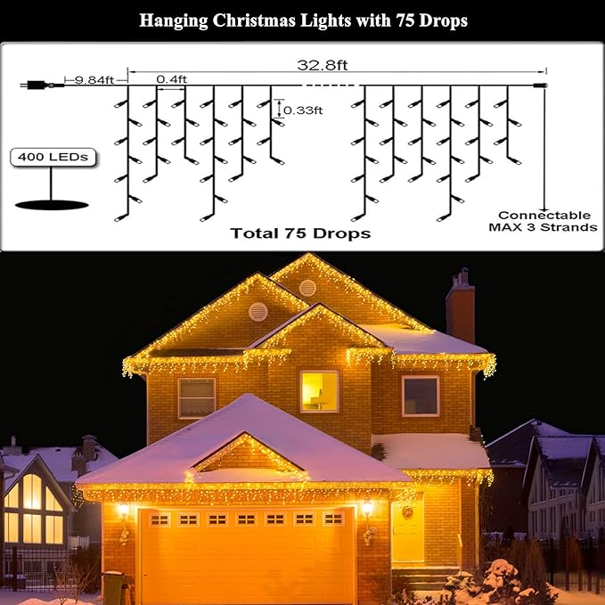Led Christmas Lights Outdoor Christmas Decorations Hanging Lights 400LED 8 Modes 75 Drops, Waterproof Outdoor Indoor Fairy Christmas Lights for Party, Holiday, Wedding Decorations (Warm Light)