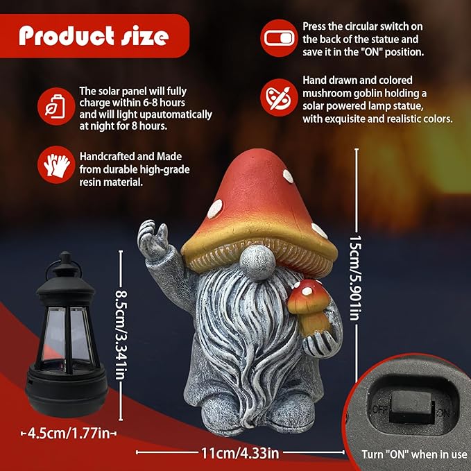 Mushroom Gnome Garden Decor Outdoor Statues, Cute Solar Lights Lawn, Balcony, Yard Decorations, Outdoor Garden Decorations for Patio Mom Gift