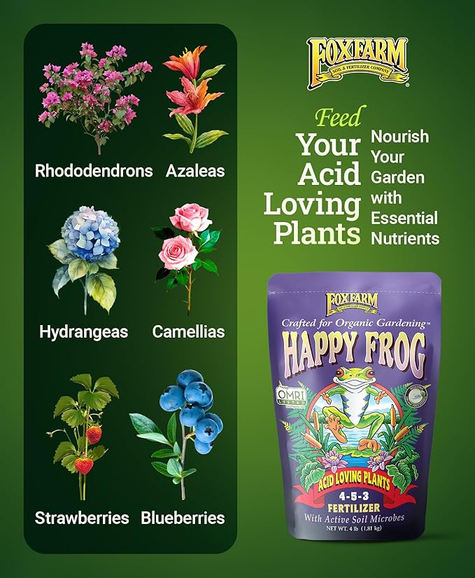 FoxFarm Happy Frog Acid Loving Plant Fertilizer, Slow-Release Fertilizer for Rhododendrons, Azaleas, Hydrangeas, Blueberries, Strawberries & More NPK 4-5-3 (4 lb)