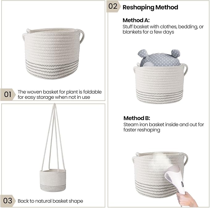 Flexzion Hanging Plant Basket Boho Cotton Rope Basket Indoor Hanging Planter, Up to 7" Flower Pot, Macrame Woven Modern Plant Holder, Storage Bin Organizer, Home Decor with 20" Hanging Rope, White