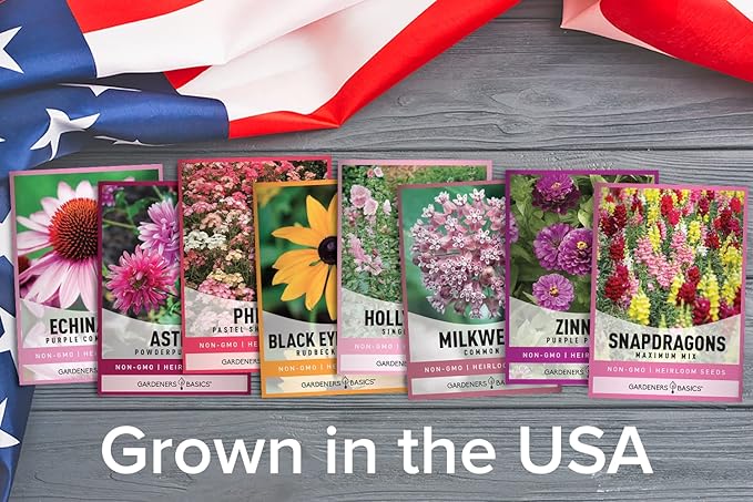 Gardeners Basics, Butterfly Seeds for Planting Outdoors Flower Seeds (8 Variety Pack) Milkweed, Aster, Zinnia, Hollyhock, Snapdragons, Echinacea, Phlox, Black Eyed Susan Pollinators Wildflower Seed