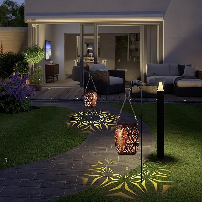 Solar Outdoor Lanterns with Floral Design，LED Garden Lights，Outdoor Solar Table Lantern Waterproof Brown Flower Hollowed，Table Lamp for Indoor/Outdoor Patio Porch Lawn Pathway Indoor