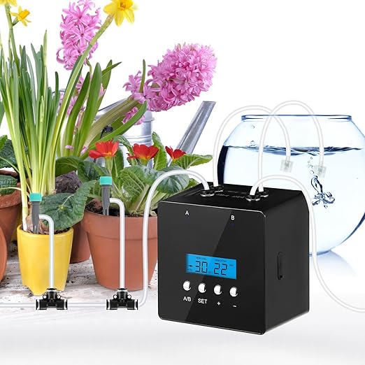 Automatic Plant Waterer Indoor with Adjustable Nozzle for 20 Potted Plants, Automatic Watering System with 2 Self-Priming Pump Devices and Programmable Watering Timer