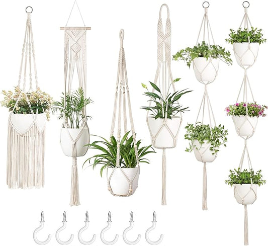 Mkono Macrame Plant Hangers, 6 Pack Indoor Hanging Planters for Plants with 6 Hooks Decorative Hanging Basket Flower Pots Holder Stand in Different Sizes for Boho Home Decor, Ivory