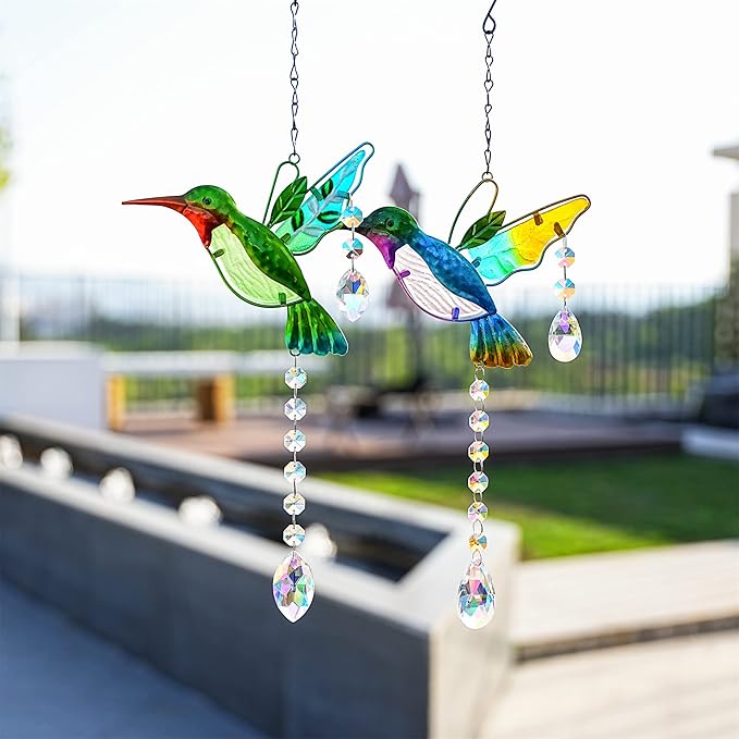 YU FENG 2PCS Hummingbird Suncatchers,Stained Glass Window Hanging Ornament,Rainbow Maker Crystal Prism Suncatcher Outdoor Indoor Home Garden Party Decoration