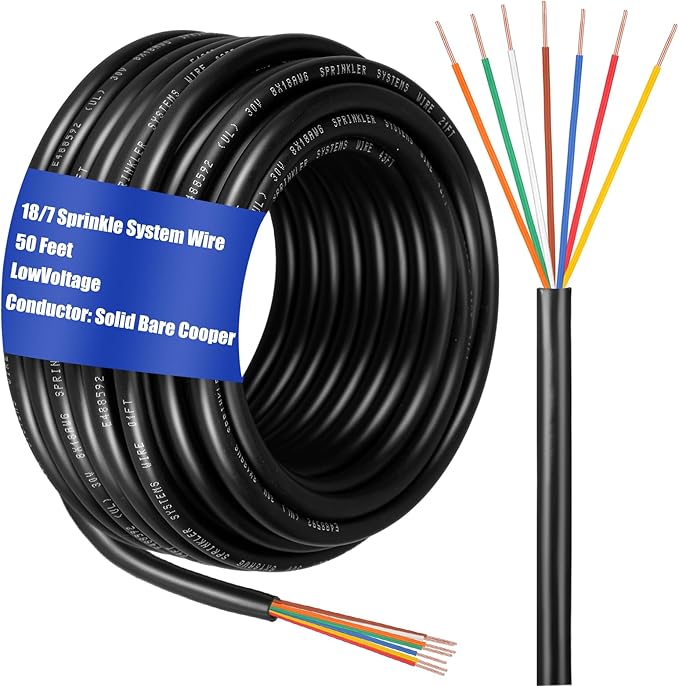 Hoolerry Solid Sprinkler System Wire 18 Gauge Irrigation Wire with UV Resistant PVC Jacket Sprinkler Cable for Underground Irrigation Field Central Control System 30v Ul Listed(18/7, 50 Ft)