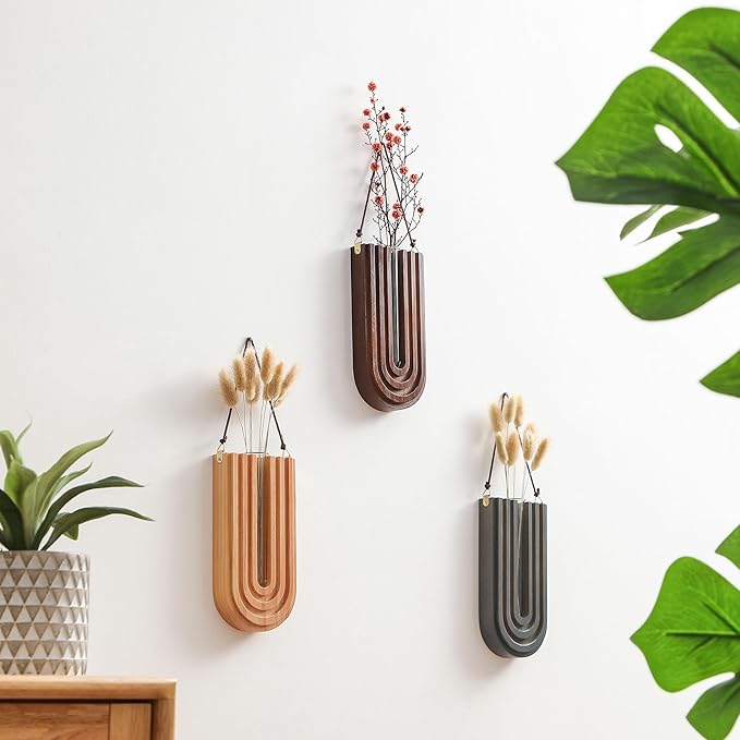 Wood Wall Planter Indoor, Propagation Station, Wooden Hanging Vase for Dried Flowers, Wall Plant Holder, Boho Wall Décor for Living Room U Rainbow Shape (Set of 3)