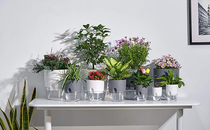 Self Watering Pots for Indoor Plants, 5 Pack 6/4.1/3.2 Inch Flower Pot Modern Decorative Plastic Planter with Extra Large Water Storage for All House Plants, Flowers, Herbs(White)